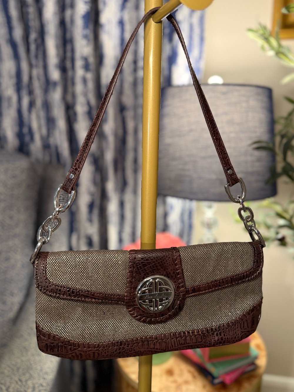 Kate Landry tweed Brown/gold and Croc-Trim Shoulder Bag